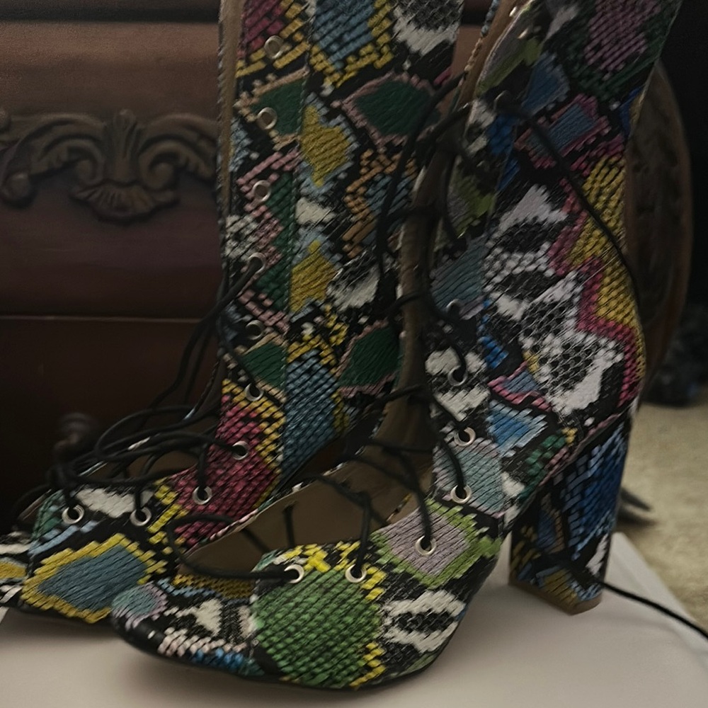 Multicolor Snakeskin Lace-Up Heels